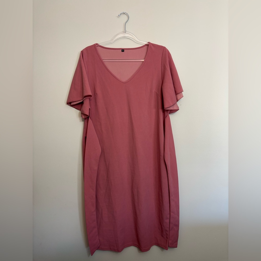 Pink Flutter Sleeve Tie Waist Dress in 2XL